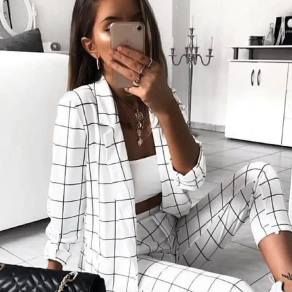 White grid blouse